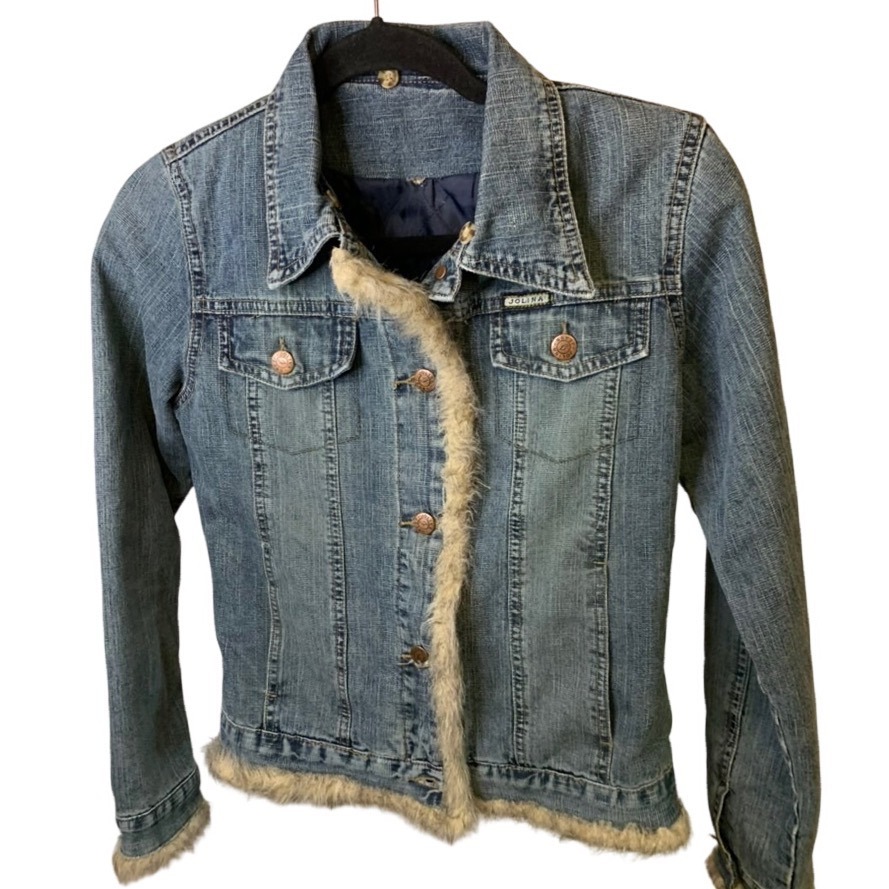 Sale Jolina Jeans Denim Jacket Faux Fur Trim Blue Medium Wash Size 36 Small Y2k